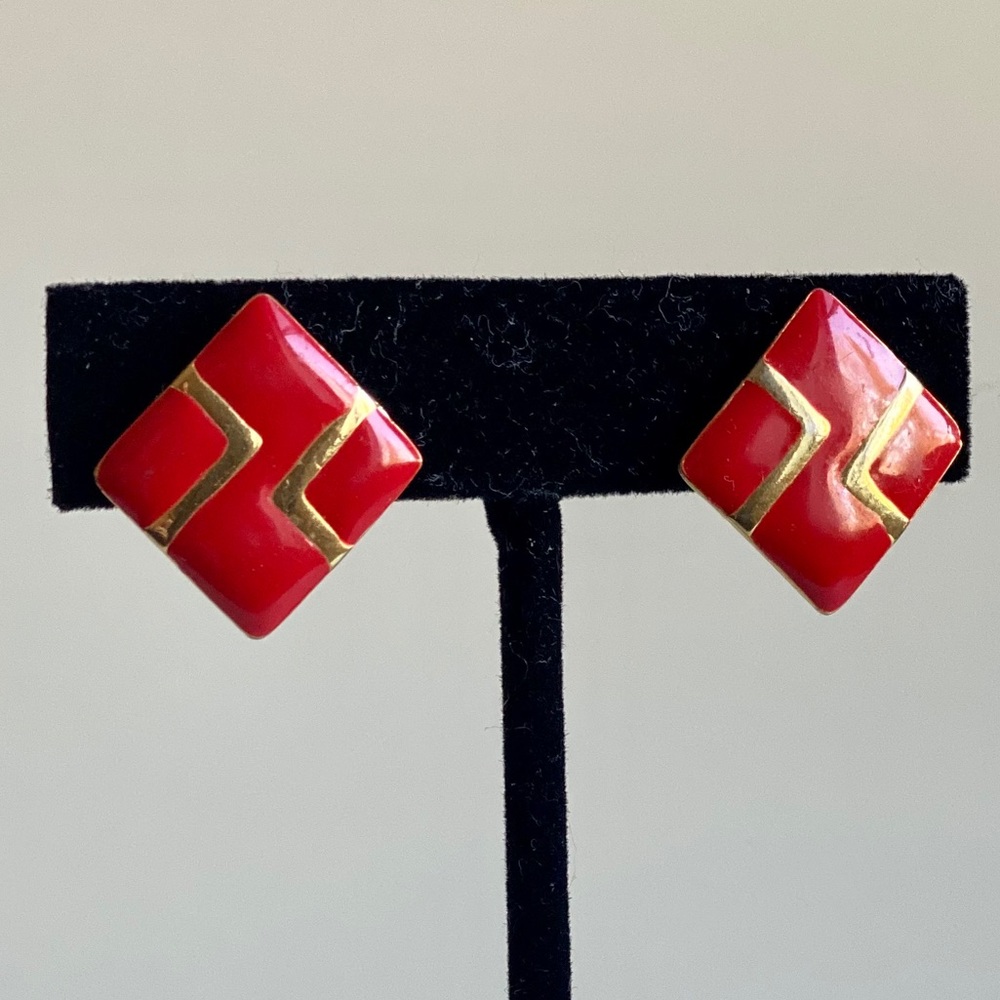 Vintage 80's Red Retro Enamel Clip-on Earrings